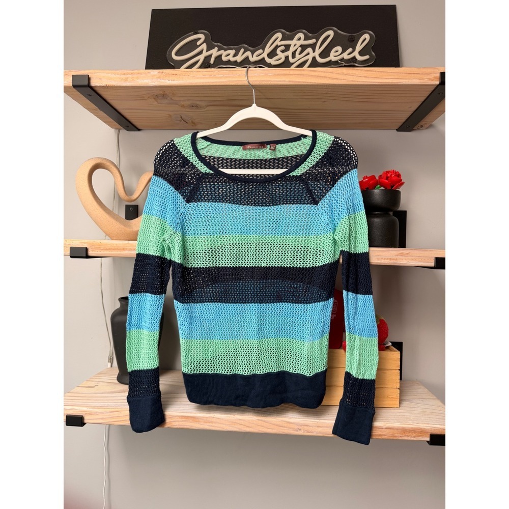 525 America Women Blue Green Striped Open Knit Rayon Sweater Small
